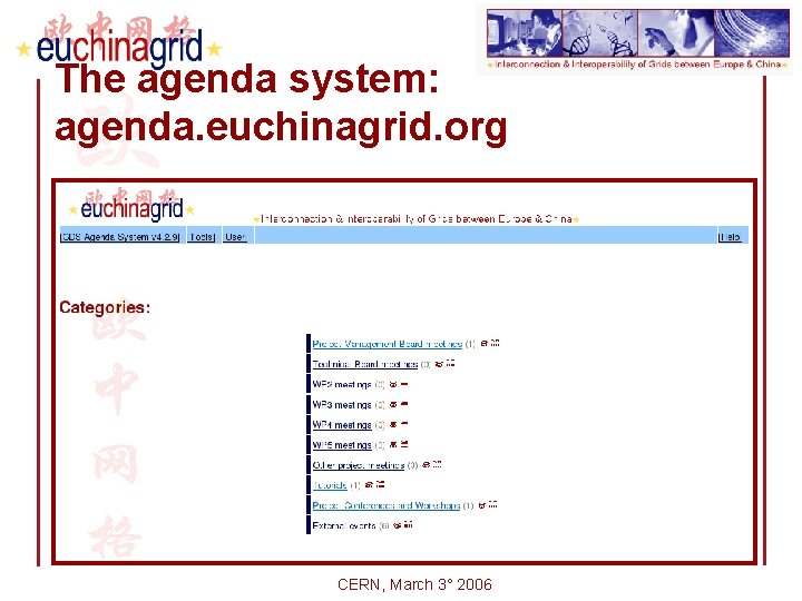 The agenda system: agenda. euchinagrid. org CERN, March 3° 2006 