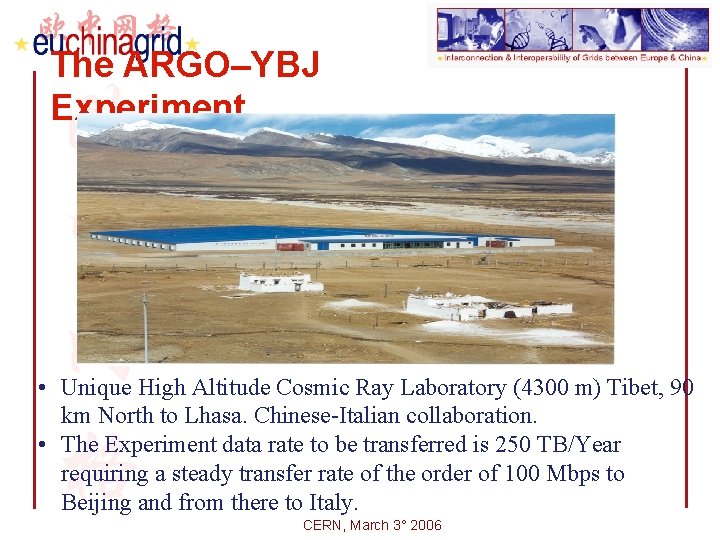 The ARGO–YBJ Experiment • Unique High Altitude Cosmic Ray Laboratory (4300 m) Tibet, 90