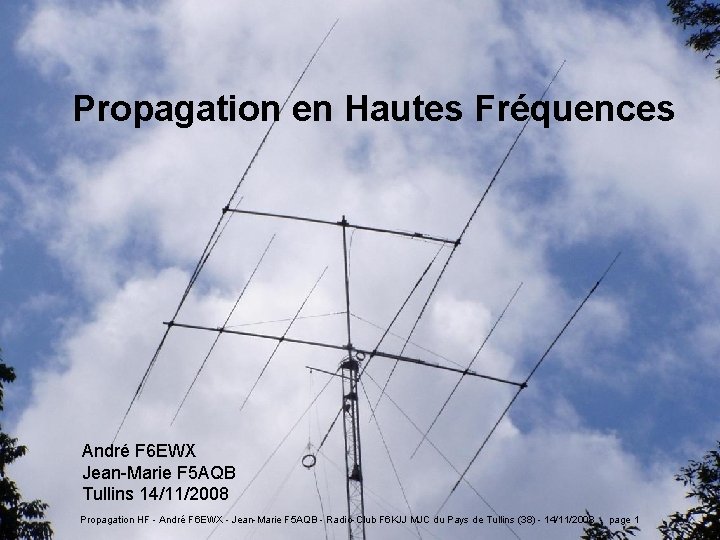 Propagation en Hautes Fréquences André F 6 EWX Jean-Marie F 5 AQB Tullins 14/11/2008