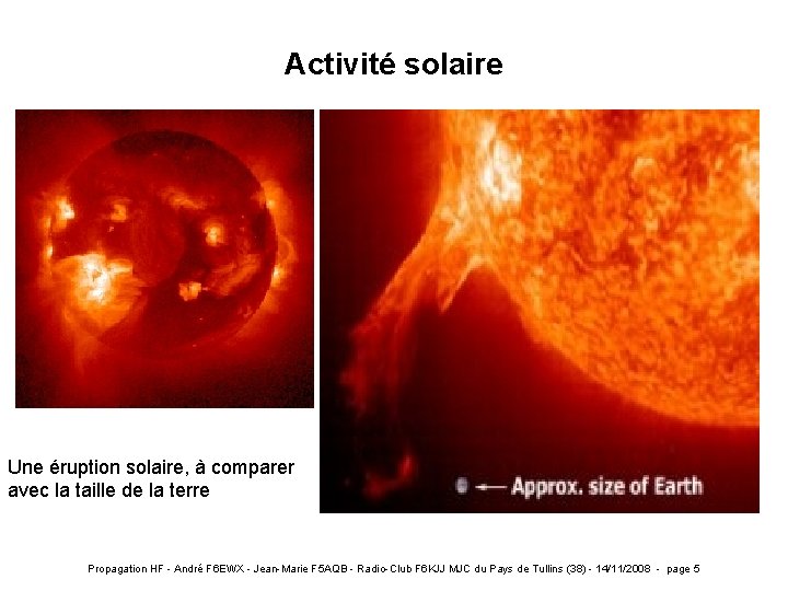 Activité solaire Une éruption solaire, à comparer avec la taille de la terre Propagation