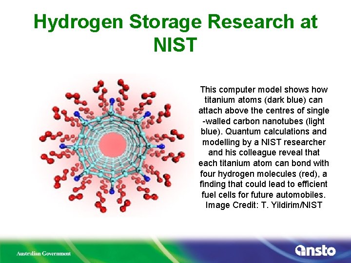 Hydrogen Storage Research at NIST This computer model shows how titanium atoms (dark blue)