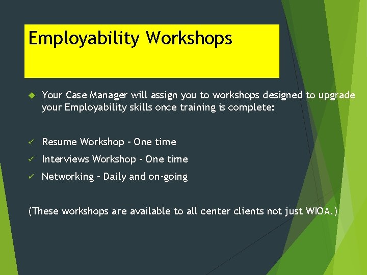 Employability Workshops Your Case Manager will assign you to workshops designed to upgrade your