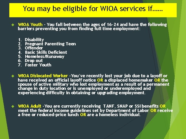 You may be eligible for WIOA services if…… WIOA Youth - You fall between