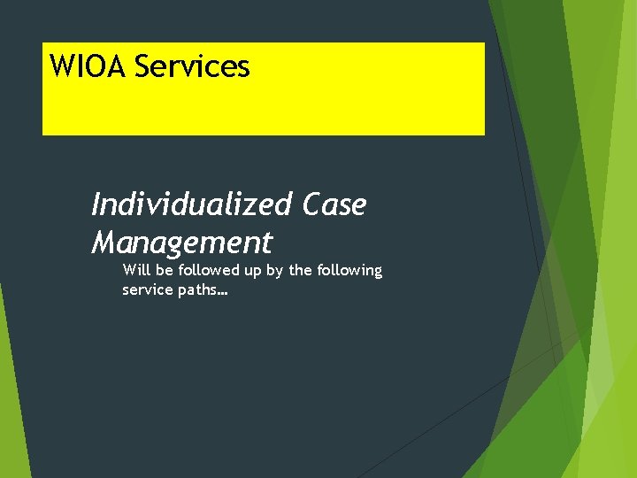 WIOA Services Individualized Case Management Will be followed up by the following service paths…
