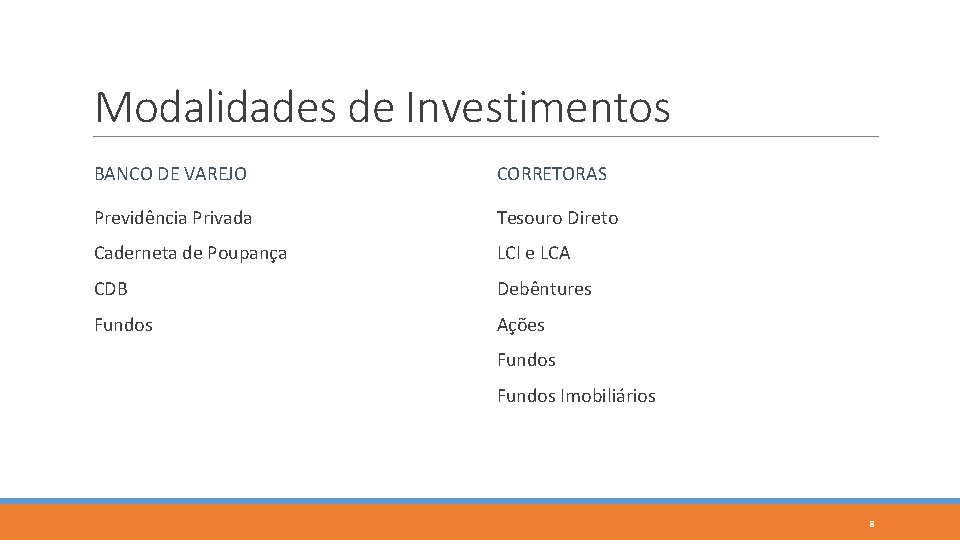 Modalidades de Investimentos BANCO DE VAREJO CORRETORAS Previdência Privada Tesouro Direto Caderneta de Poupança