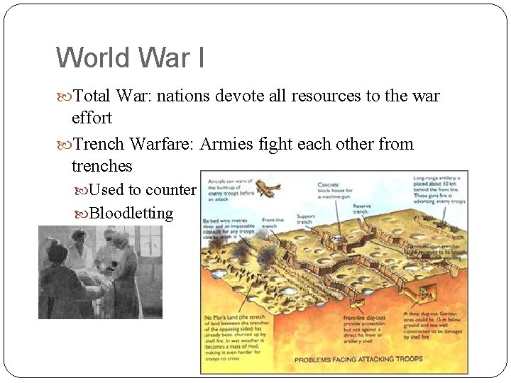 World War I Total War: nations devote all resources to the war effort Trench