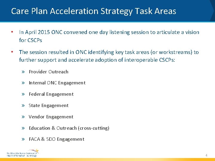 Care Plan Acceleration Strategy Task Areas • In April 2015 ONC convened one day
