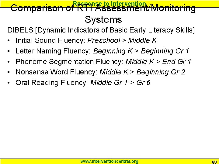 Response to Intervention Comparison of RTI Assessment/Monitoring Systems DIBELS [Dynamic Indicators of Basic Early