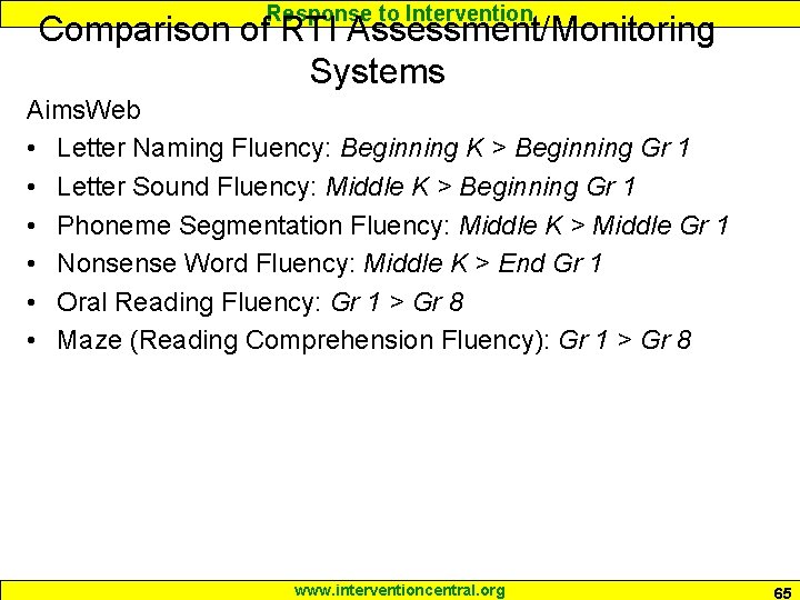 Response to Intervention Comparison of RTI Assessment/Monitoring Systems Aims. Web • Letter Naming Fluency: