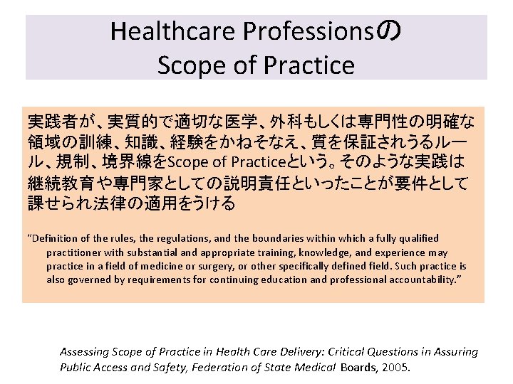 Healthcare Professionsの Scope of Practice 実践者が、実質的で適切な医学、外科もしくは専門性の明確な 領域の訓練、知識、経験をかねそなえ、質を保証されうるルー ル、規制、境界線をScope of Practiceという。そのような実践は 継続教育や専門家としての説明責任といったことが要件として 課せられ法律の適用をうける “Definition of