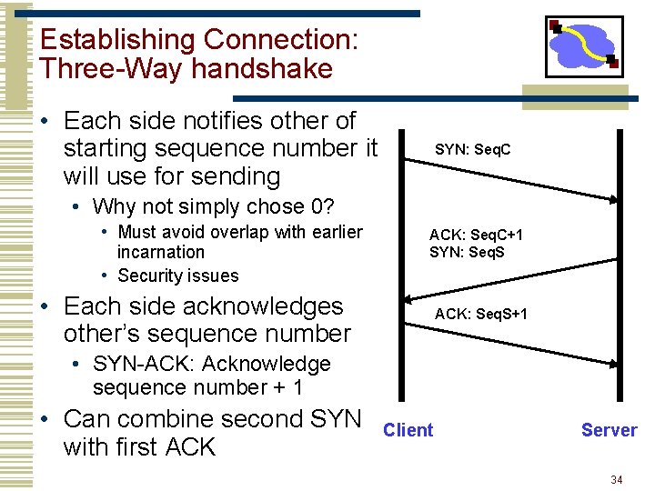 Establishing Connection: Three-Way handshake • Each side notifies other of starting sequence number it