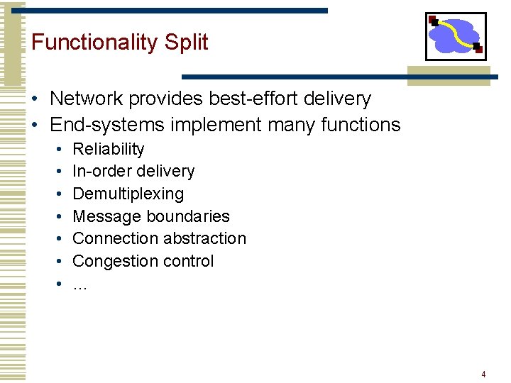 Functionality Split • Network provides best-effort delivery • End-systems implement many functions • •