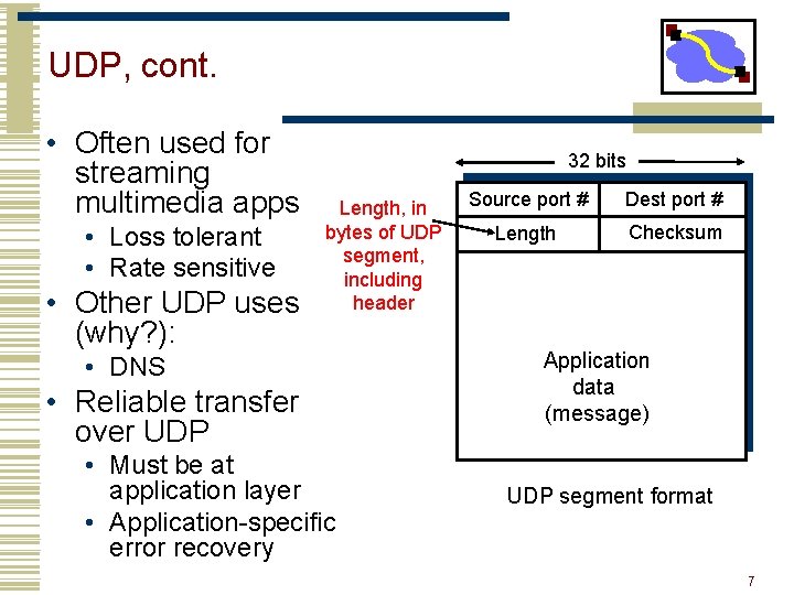 UDP, cont. • Often used for streaming multimedia apps • Loss tolerant • Rate