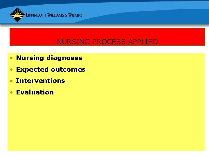 NURSING PROCESS APPLIED • Nursing diagnoses • Expected outcomes • Interventions • Evaluation 