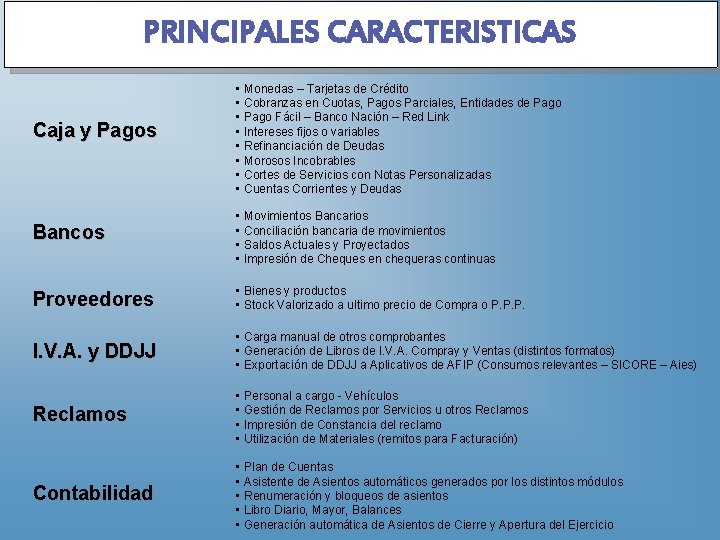 PRINCIPALES CARACTERISTICAS Caja y Pagos • Monedas – Tarjetas de Crédito • Cobranzas en