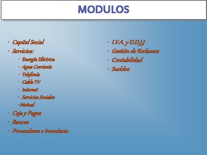 MODULOS • Capital Social • Servicios: • Energía Eléctrica • Agua Corriente • Telefonía