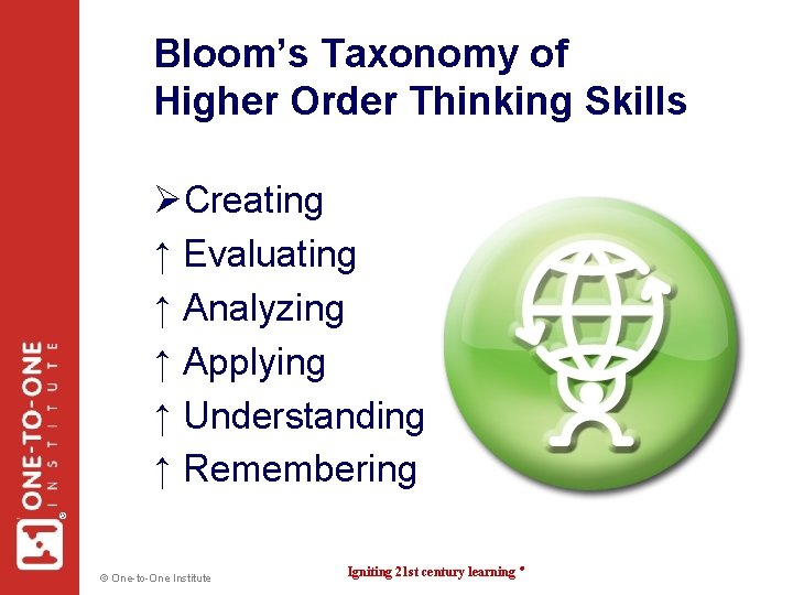 Bloom’s Taxonomy of Higher Order Thinking Skills ® ØCreating ↑ Evaluating ↑ Analyzing ↑