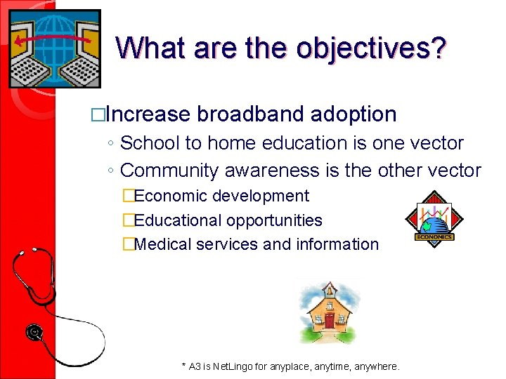 What are the objectives? �Increase broadband adoption ◦ School to home education is one