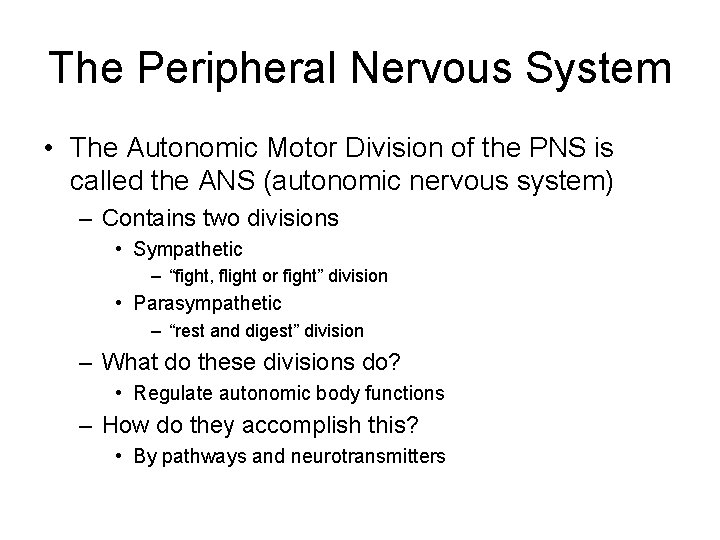 The Peripheral Nervous System • The Autonomic Motor Division of the PNS is called