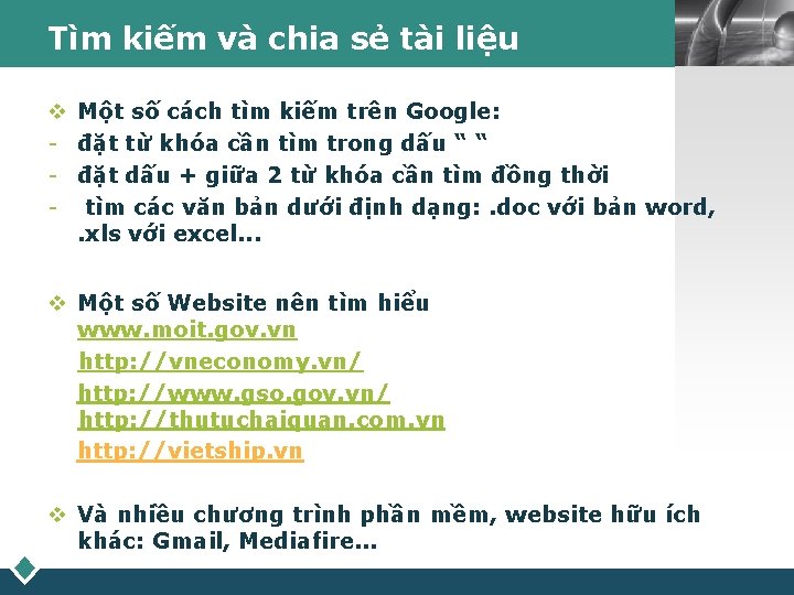 Tìm kiếm và chia sẻ tài liệu v - LOGO Một số cách tìm