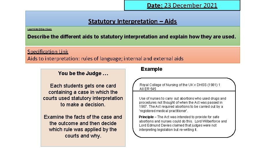 Date: 23 December 2021 Statutory Interpretation – Aids Learning Objectives Describe the different aids