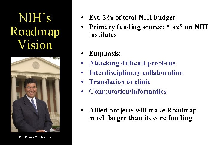 NIH’s Roadmap Vision • Est. 2% of total NIH budget • Primary funding source: