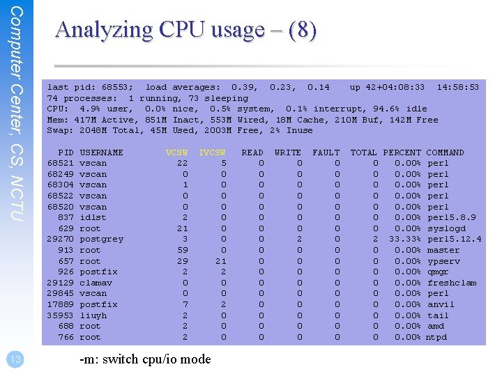 Computer Center, CS, NCTU 13 Analyzing CPU usage – (8) last pid: 68553; load