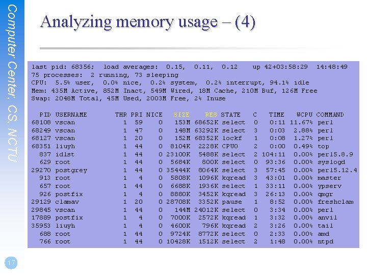 Computer Center, CS, NCTU 17 Analyzing memory usage – (4) last pid: 68356; load