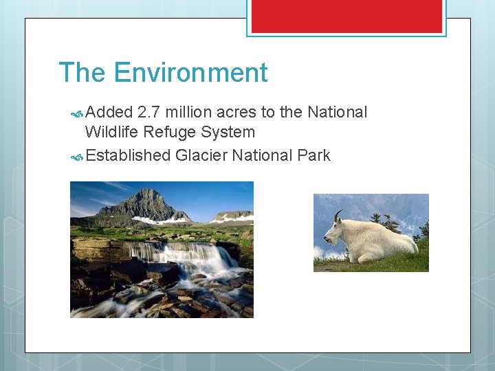 The Environment Added 2. 7 million acres to the National Wildlife Refuge System Established