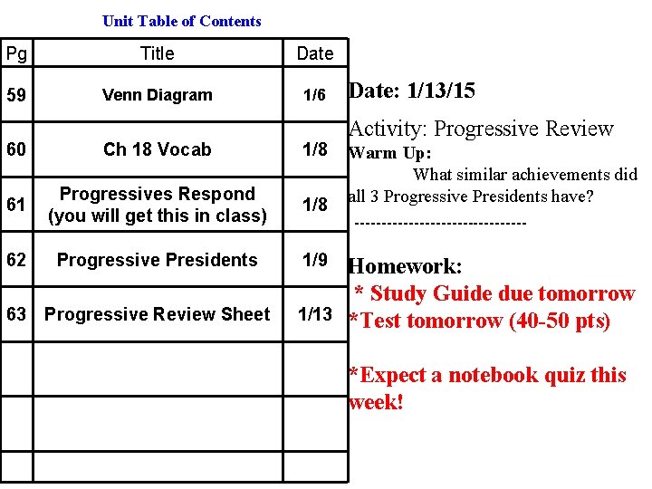 Unit Table of Contents Pg Title Date 59 Venn Diagram 1/6 60 Ch 18