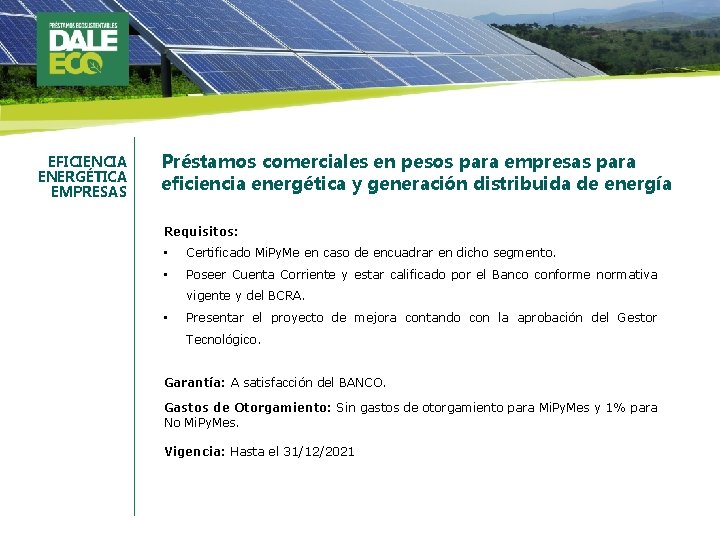 EFICIENCIA ENERGÉTICA EMPRESAS Préstamos comerciales en pesos para empresas para eficiencia energética y generación