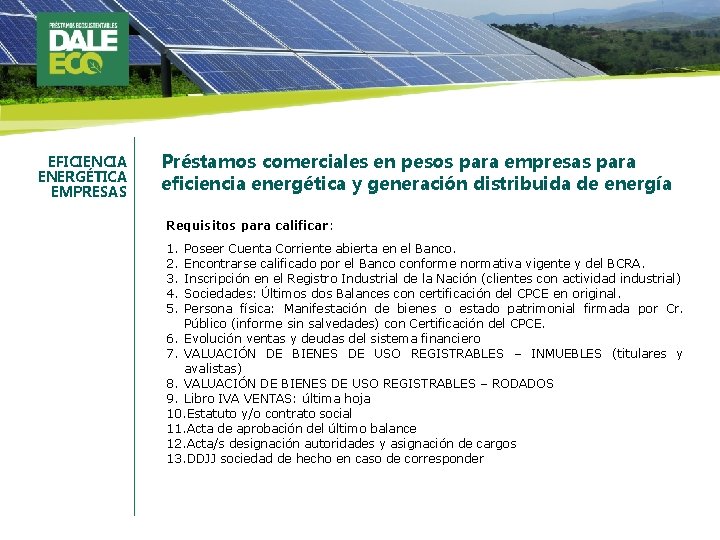 EFICIENCIA ENERGÉTICA EMPRESAS Préstamos comerciales en pesos para empresas para eficiencia energética y generación