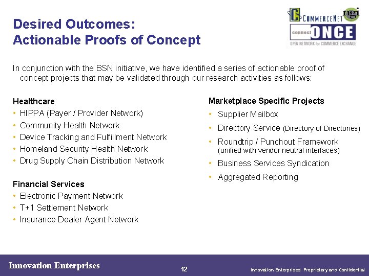 Desired Outcomes: Actionable Proofs of Concept In conjunction with the BSN initiative, we have Desired Outcomes: Actionable Proofs of Concept In conjunction with the BSN initiative, we have