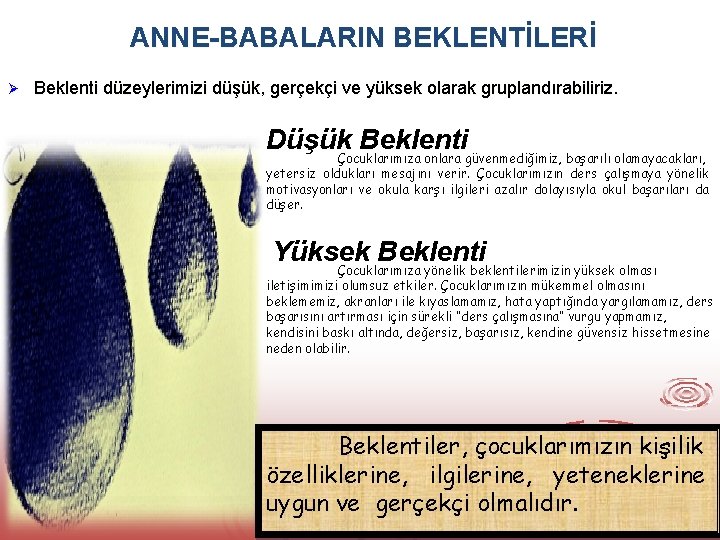 ANNE-BABALARIN BEKLENTİLERİ Ø Beklenti düzeylerimizi düşük, gerçekçi ve yüksek olarak gruplandırabiliriz. DüşükÇocuklarımıza Beklenti onlara