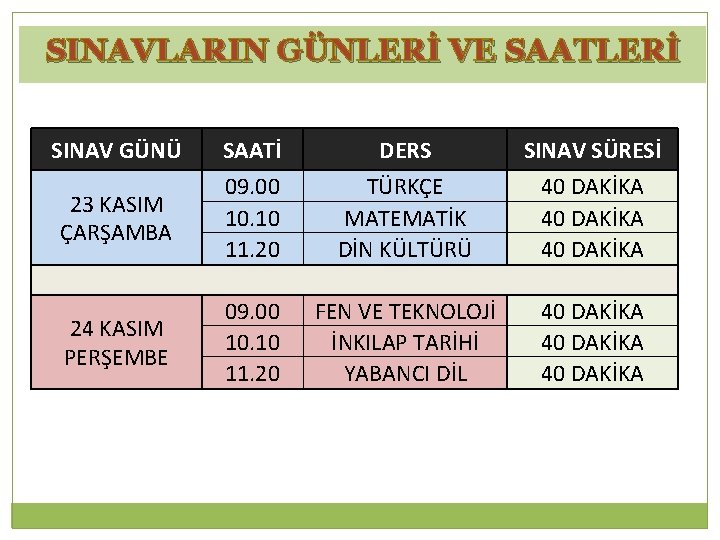 SINAVLARIN GÜNLERİ VE SAATLERİ SINAV GÜNÜ SAATİ DERS SINAV SÜRESİ 23 KASIM ÇARŞAMBA 09.