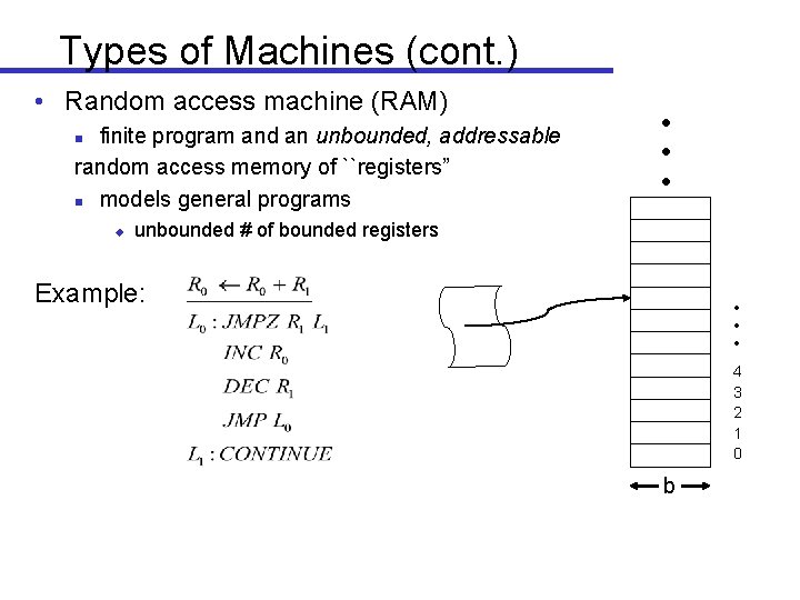 Types of Machines (cont. ) • Random access machine (RAM) finite program and an