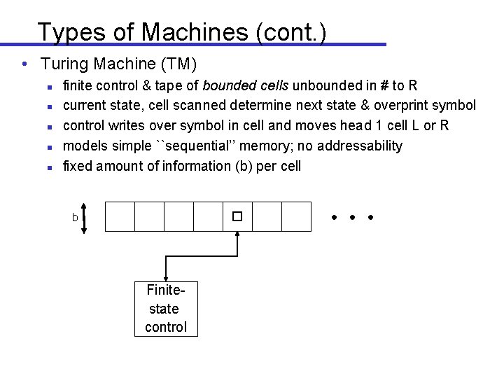 Types of Machines (cont. ) • Turing Machine (TM) n n n finite control