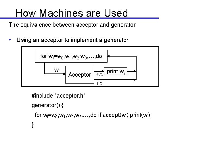 How Machines are Used The equivalence between acceptor and generator • Using an acceptor