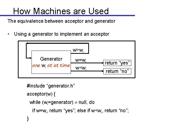 How Machines are Used The equivalence between acceptor and generator • Using a generator