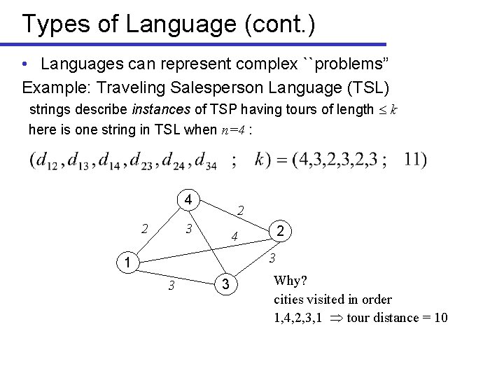 Types of Language (cont. ) • Languages can represent complex ``problems” Example: Traveling Salesperson