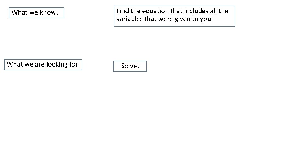 What we know: What we are looking for: Find the equation that includes all