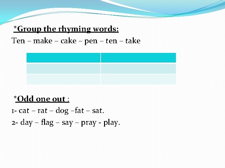 *Group the rhyming words: Ten – make – cake – pen – take *Odd *Group the rhyming words: Ten – make – cake – pen – take *Odd