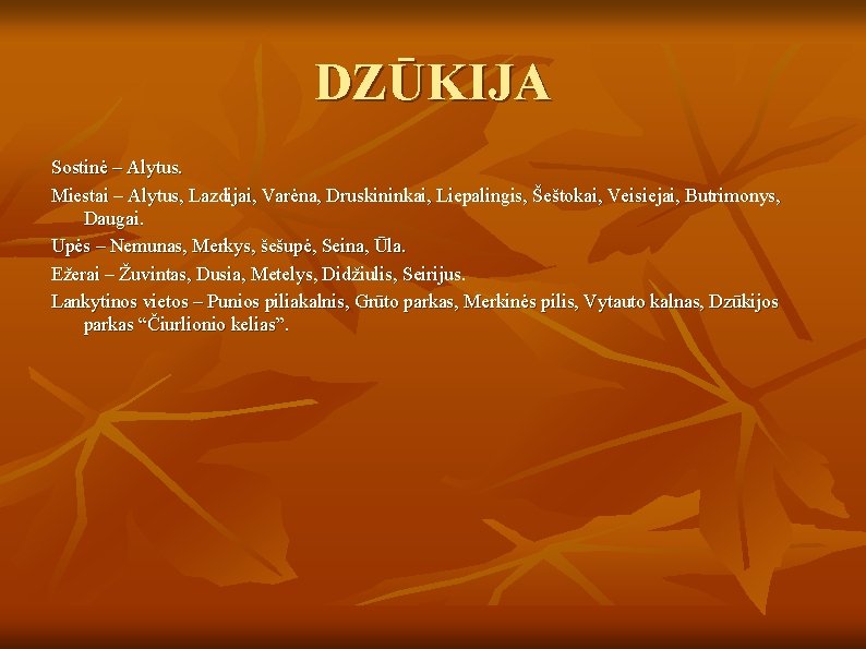 DZŪKIJA Sostinė – Alytus. Miestai – Alytus, Lazdijai, Varėna, Druskininkai, Liepalingis, Šeštokai, Veisiejai, Butrimonys,