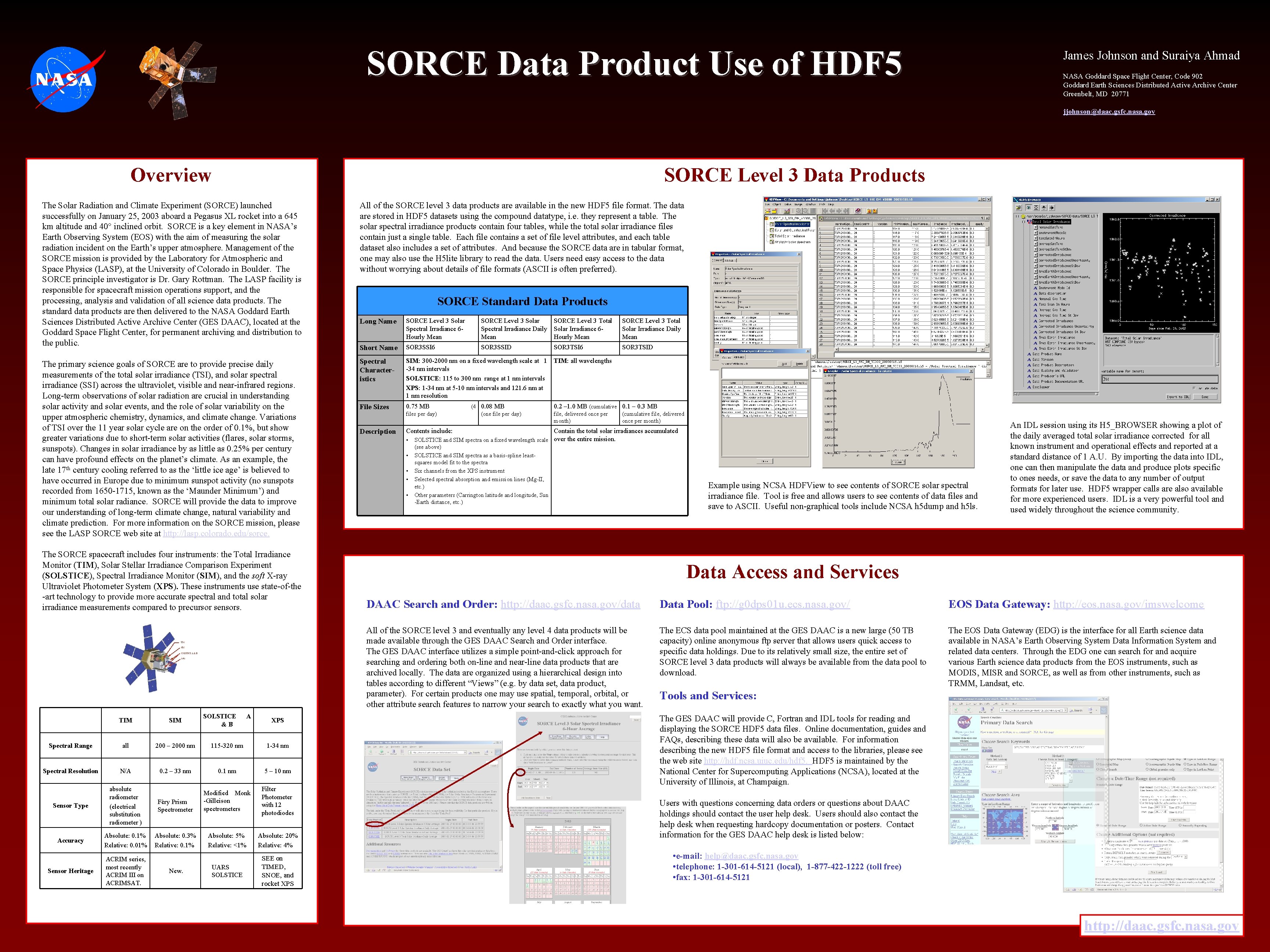 SORCE Data Product Use of HDF 5 James Johnson and Suraiya Ahmad NASA Goddard