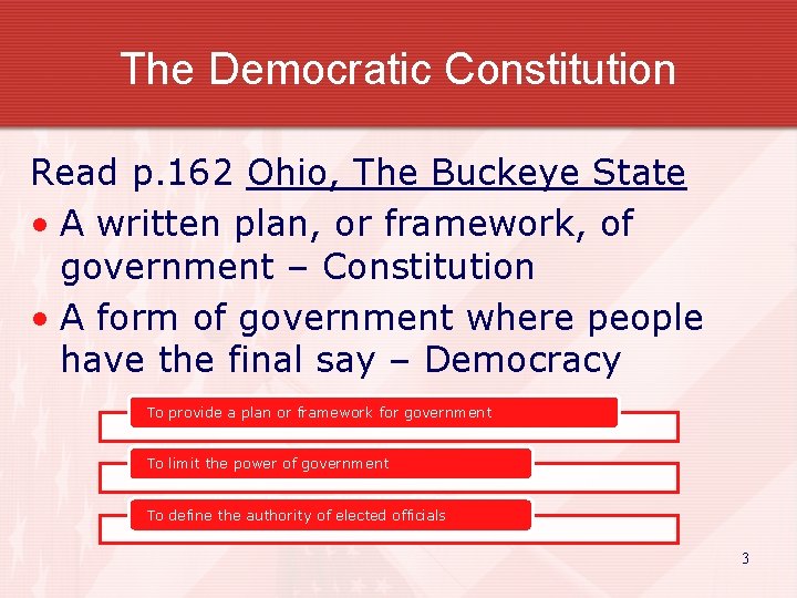 The Democratic Constitution Read p. 162 Ohio, The Buckeye State • A written plan,