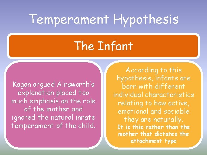 Temperament Hypothesis The Infant Kagan argued Ainsworth’s explanation placed too much emphasis on the