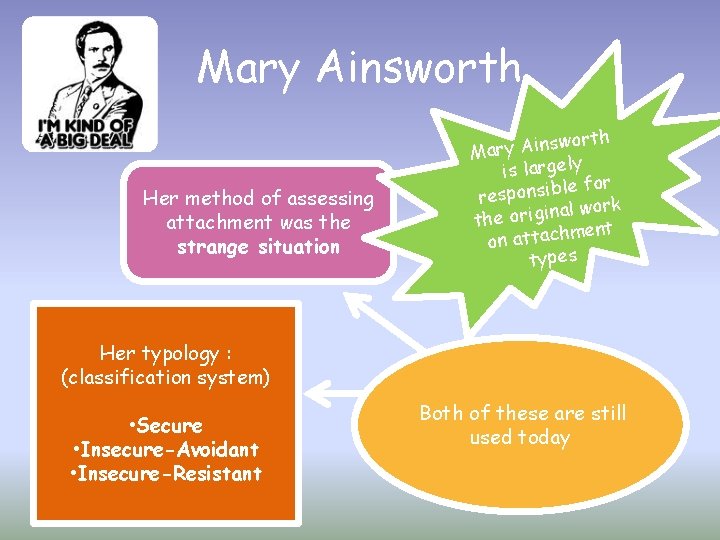 Mary Ainsworth Her method of assessing attachment was the strange situation orth w s