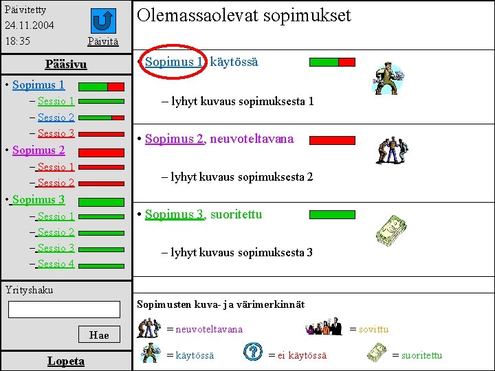 Päivitetty 24. 11. 2004 18: 35 Olemassaolevat sopimukset Päivitä • Sopimus 1, käytössä Pääsivu