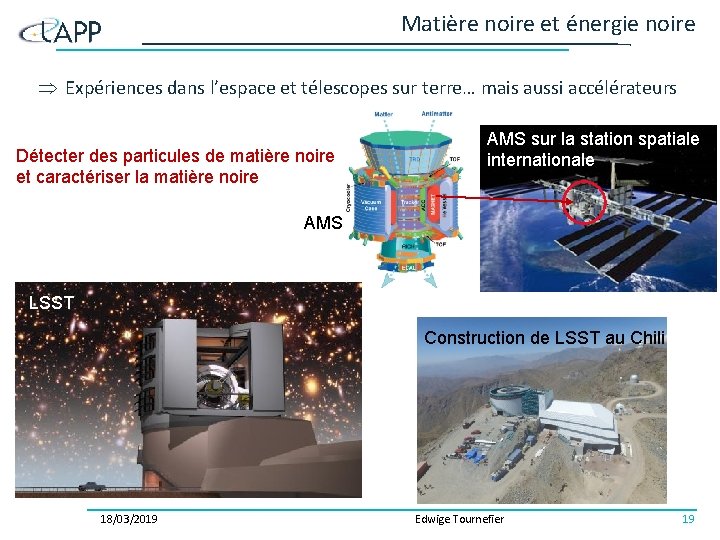 Matière noire et énergie noire Expériences dans l’espace et télescopes sur terre… mais aussi