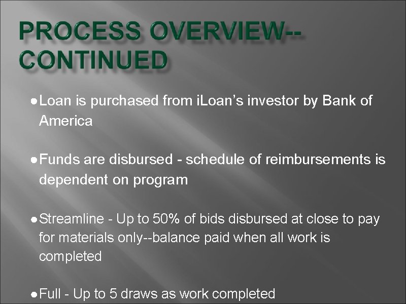 ●Loan is purchased from i. Loan’s investor by Bank of America ●Funds are disbursed